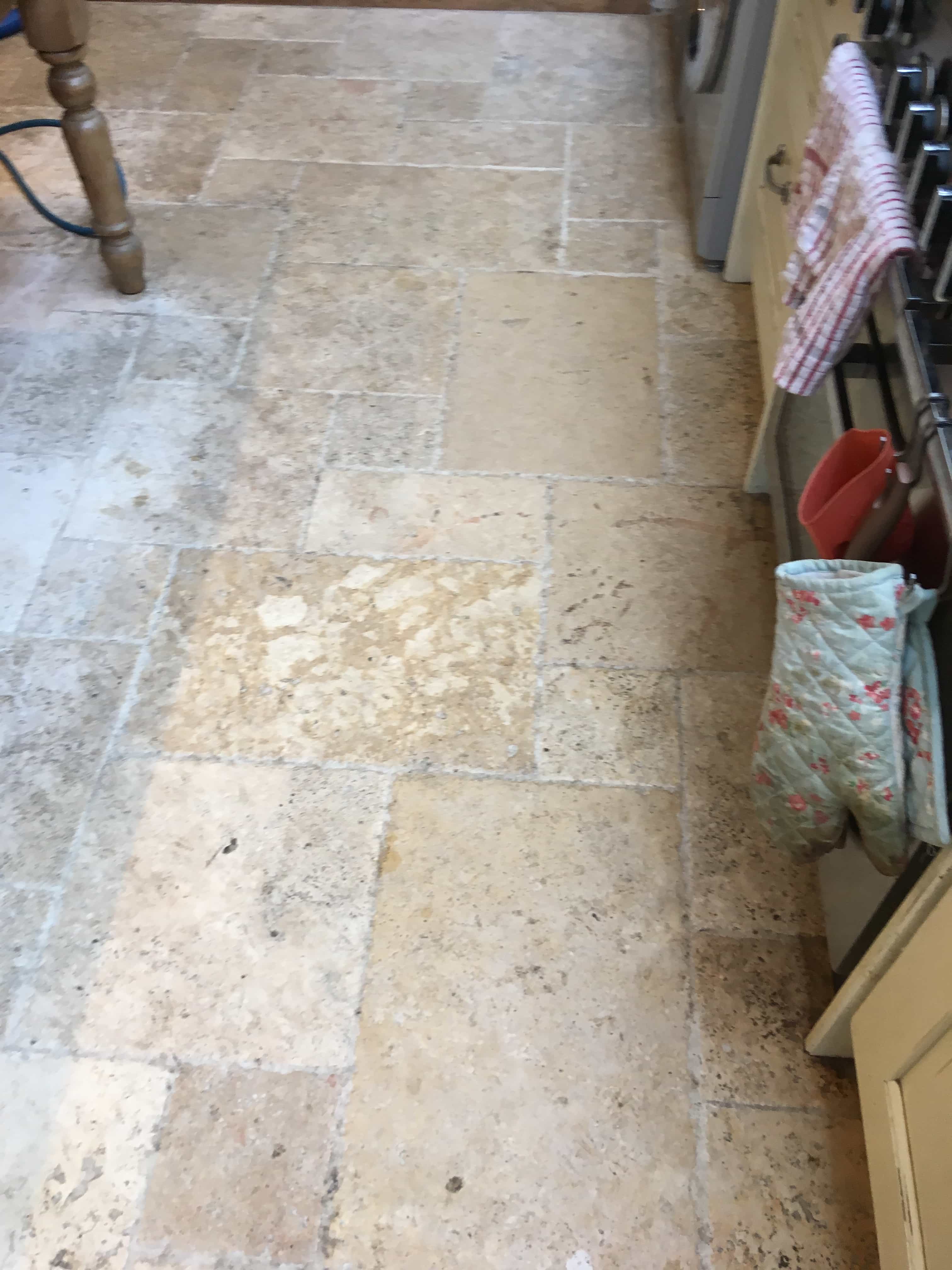 Travertine Tiled Kitchen Floor Before Cleaning Shepperton