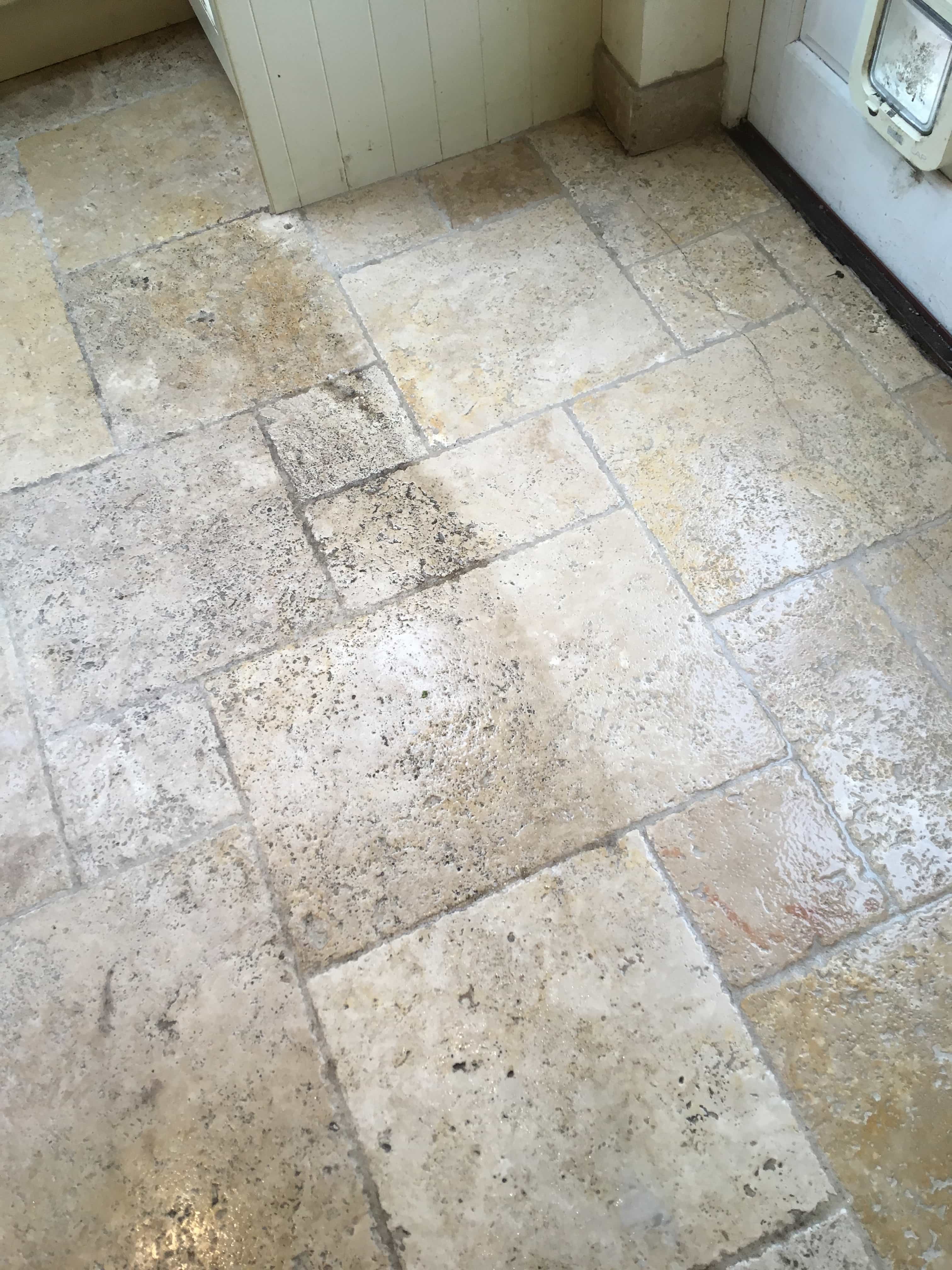 Travertine Tiled Kitchen Floor During Cleaning Shepperton
