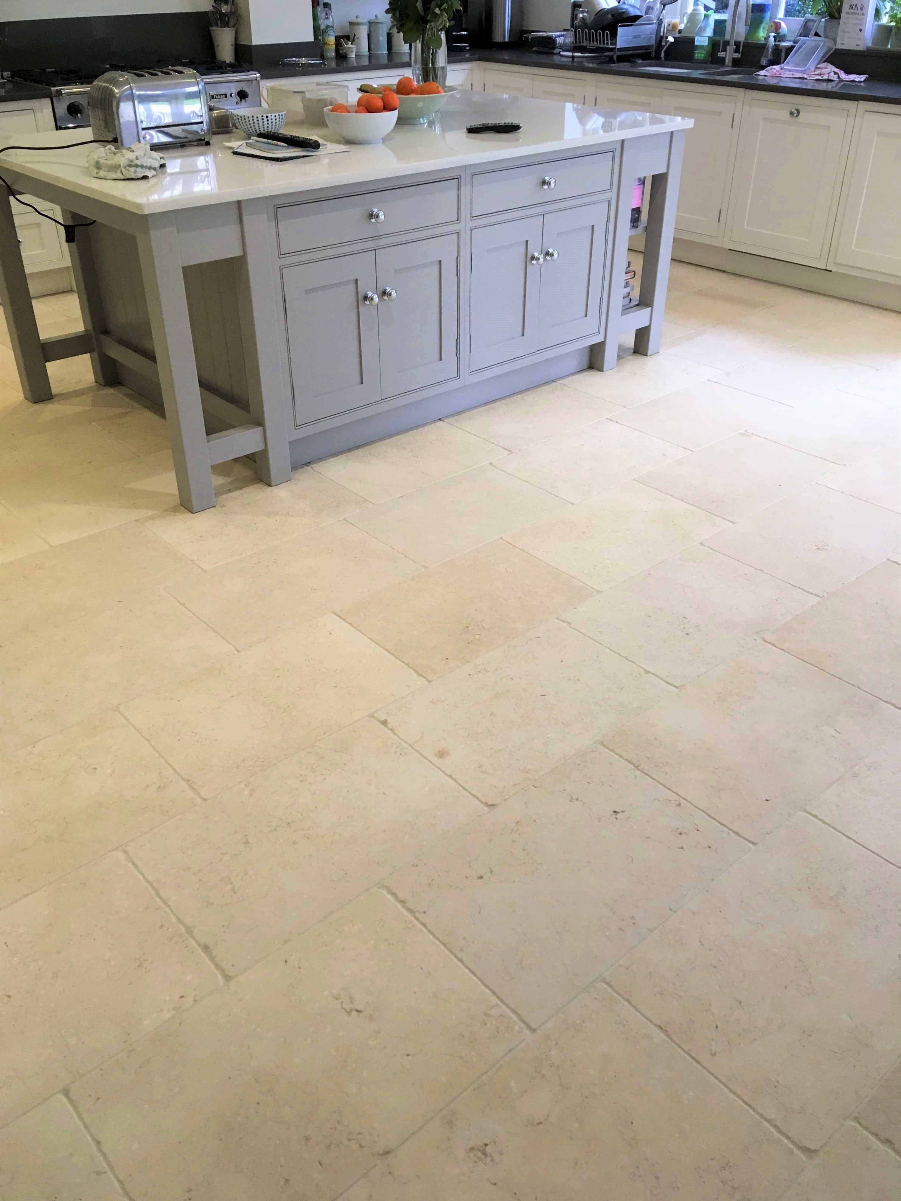 Limestone Kitchen Floor Before Clean and Seal Shepperton