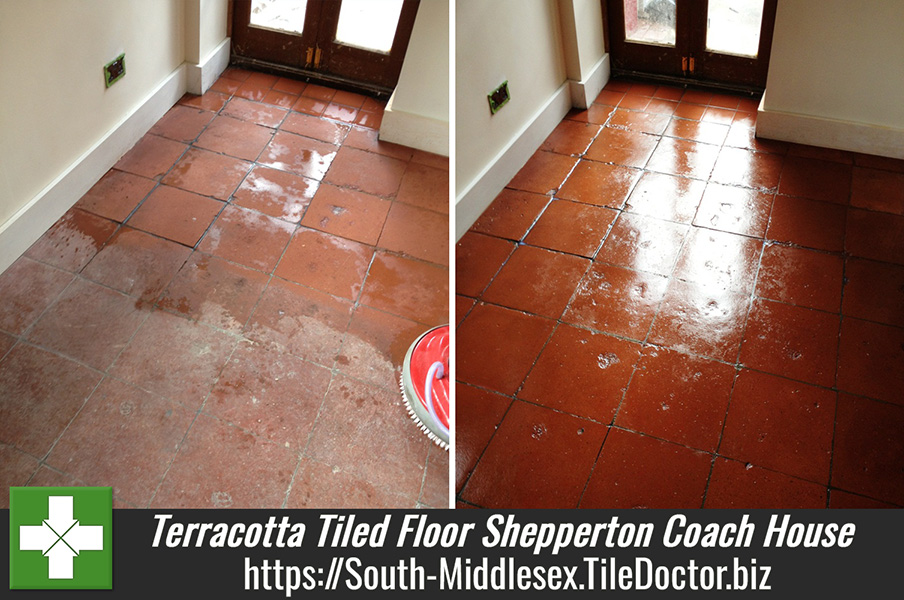 Terracotta Tiled Floor Restored in Shepperton Coach House