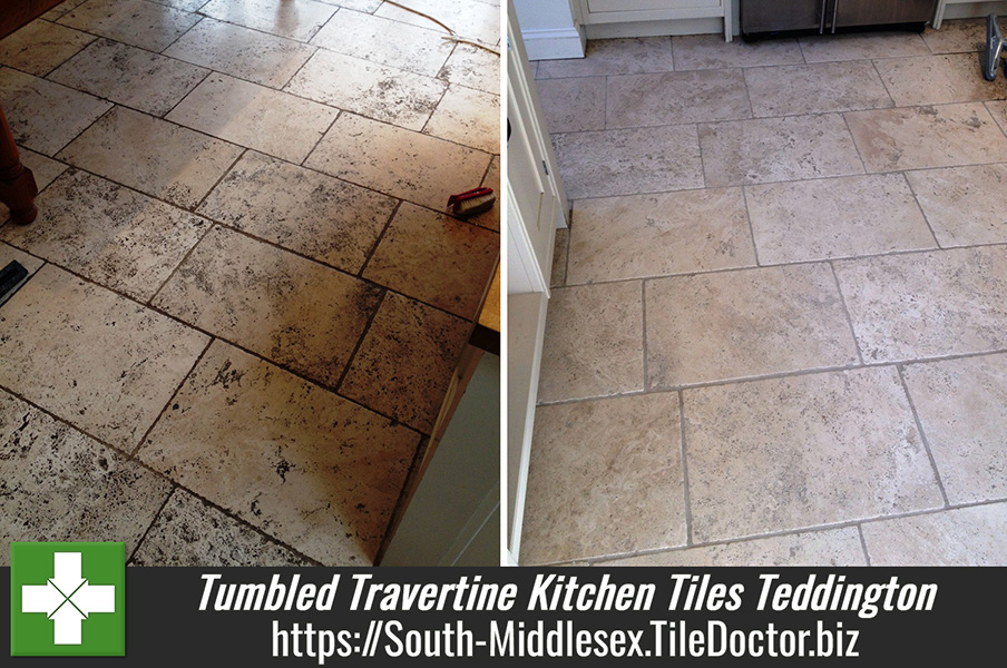 Deep Cleaning Dirty Tumbled Travertine Kitchen Tiles in Teddington