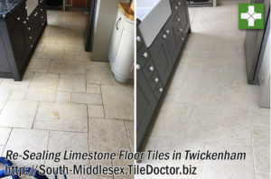 Limestone Kitchen Floor Before and After Cleaning and Sealing in Twickenham