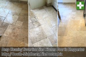 Travertine Tiled Kitchen Floor Before After Cleaning Shepperton