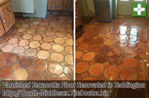 Varnished Terracotta Tiled Floor Grout Before After Renovation Teddington