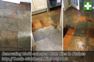 Multi-Coloured Slate Tiles Before After Cleaning Sealing Staines-Upon-Thames